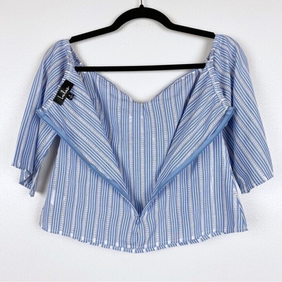 Lulu's Beyond Belief Blue Striped Knot Front Off-The-Shoulder Top Size S - Picture 7 of 10